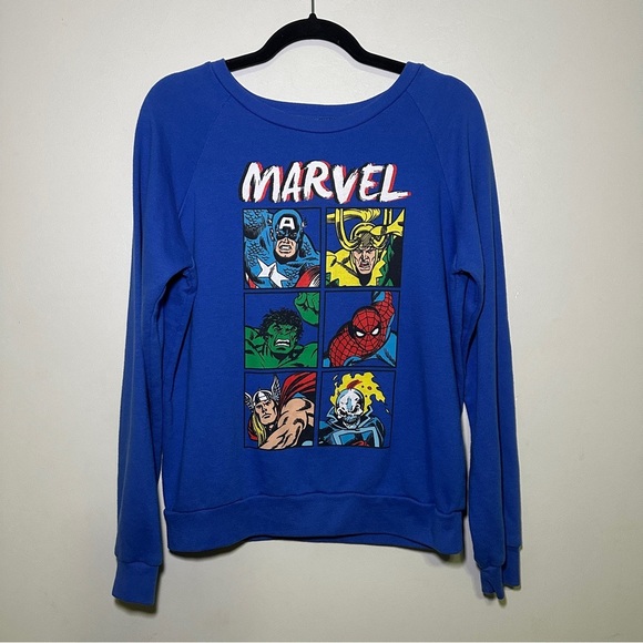 Marvel Blue Hero Panel Graphic Sweatshirt with Distressed Back Size Large - Picture 1 of 6